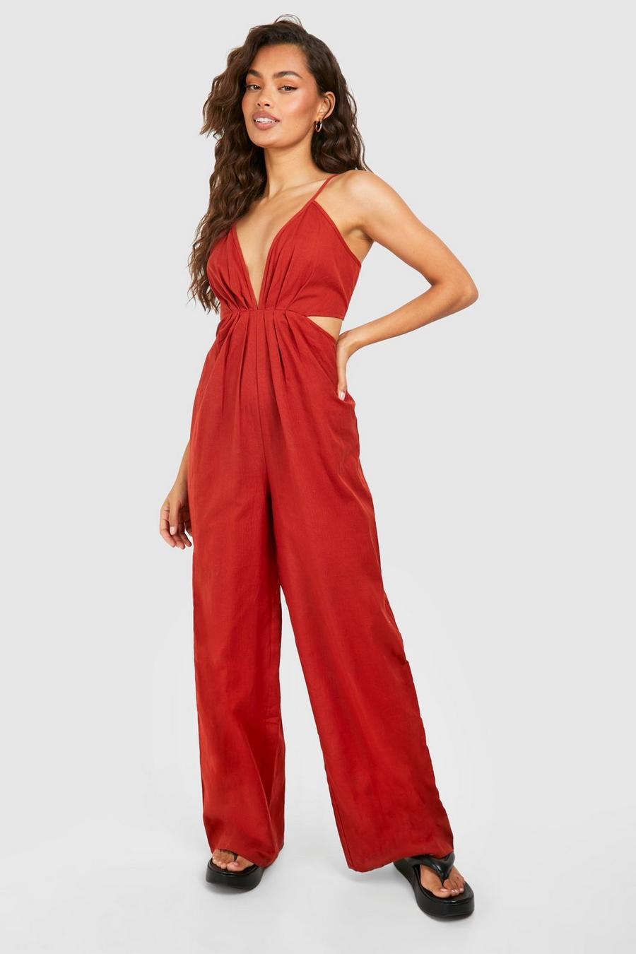 Red Linen Strappy Cut Out Jumpsuit