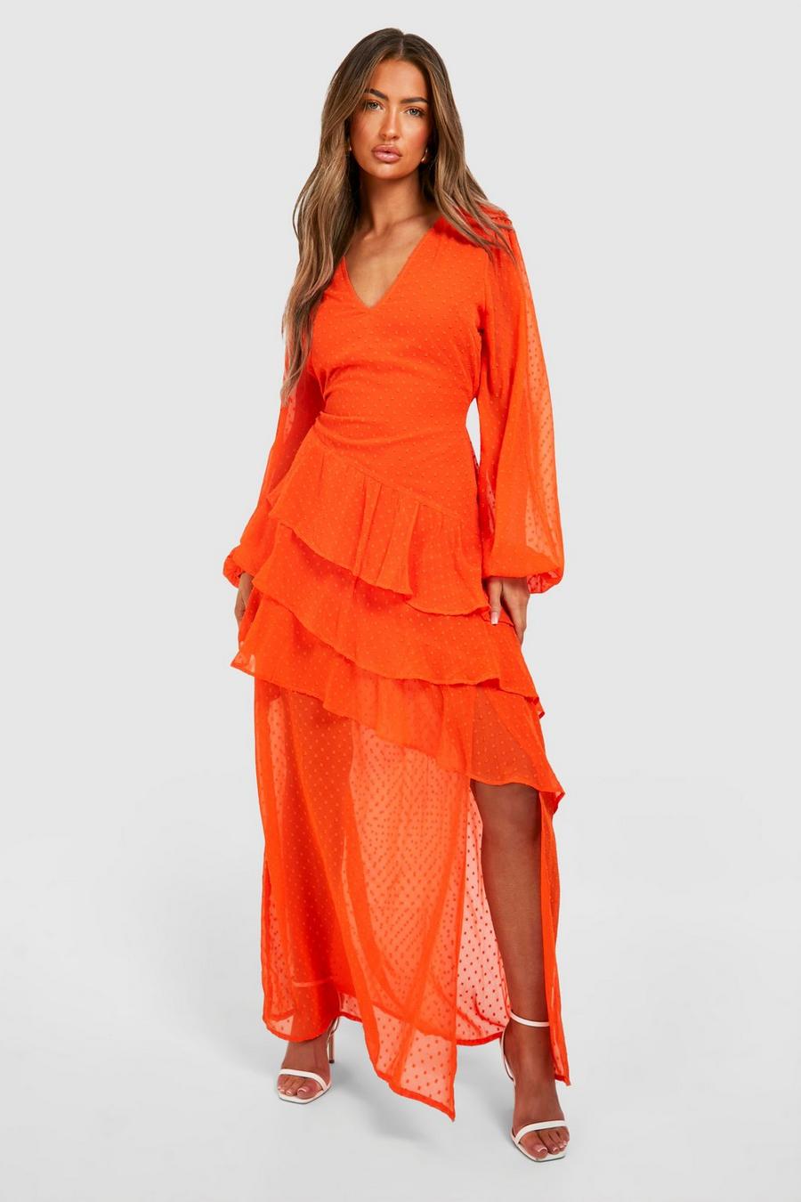 Vestido maxi escotado de dobby, Orange