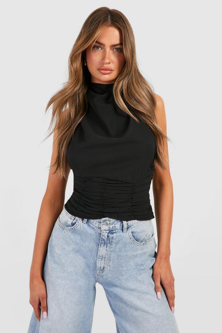 Top allacciato al collo in chiffon con ruches, Black