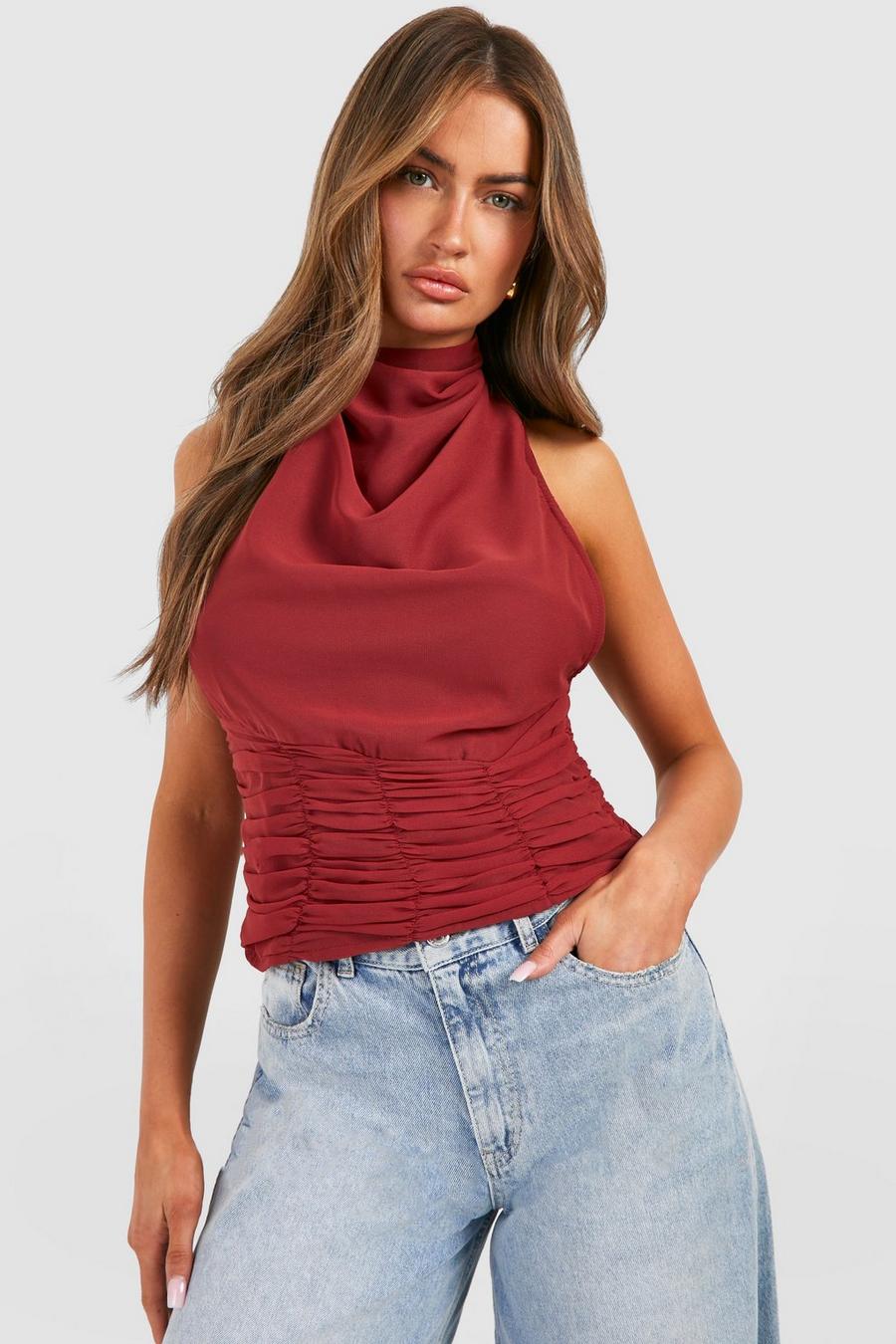 Halter Neck Chiffon Ruched Top , Red