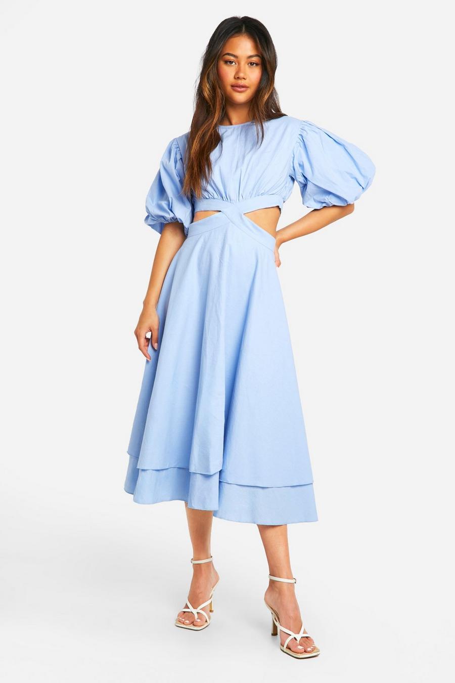Blue Textured Puff Sleeve Midi Dress