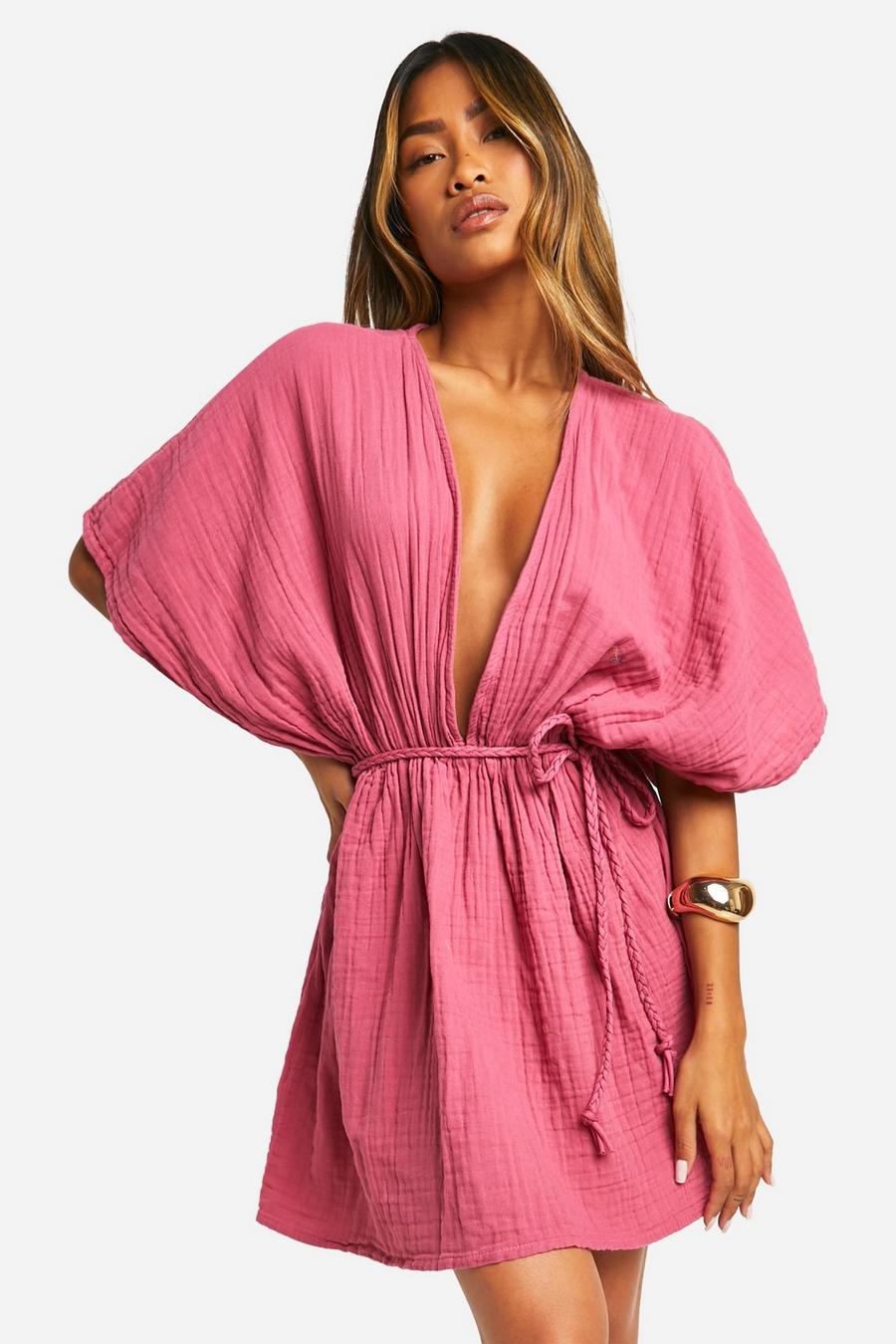 Rose Cheesecloth Belted Batwing Mini Dress