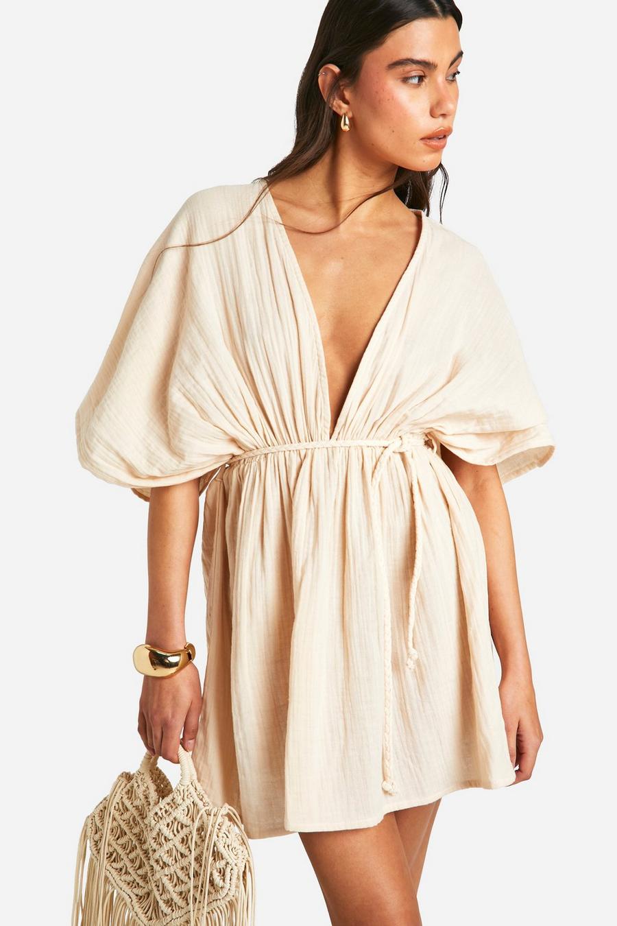 Stone Cheesecloth Belted Batwing Mini Dress