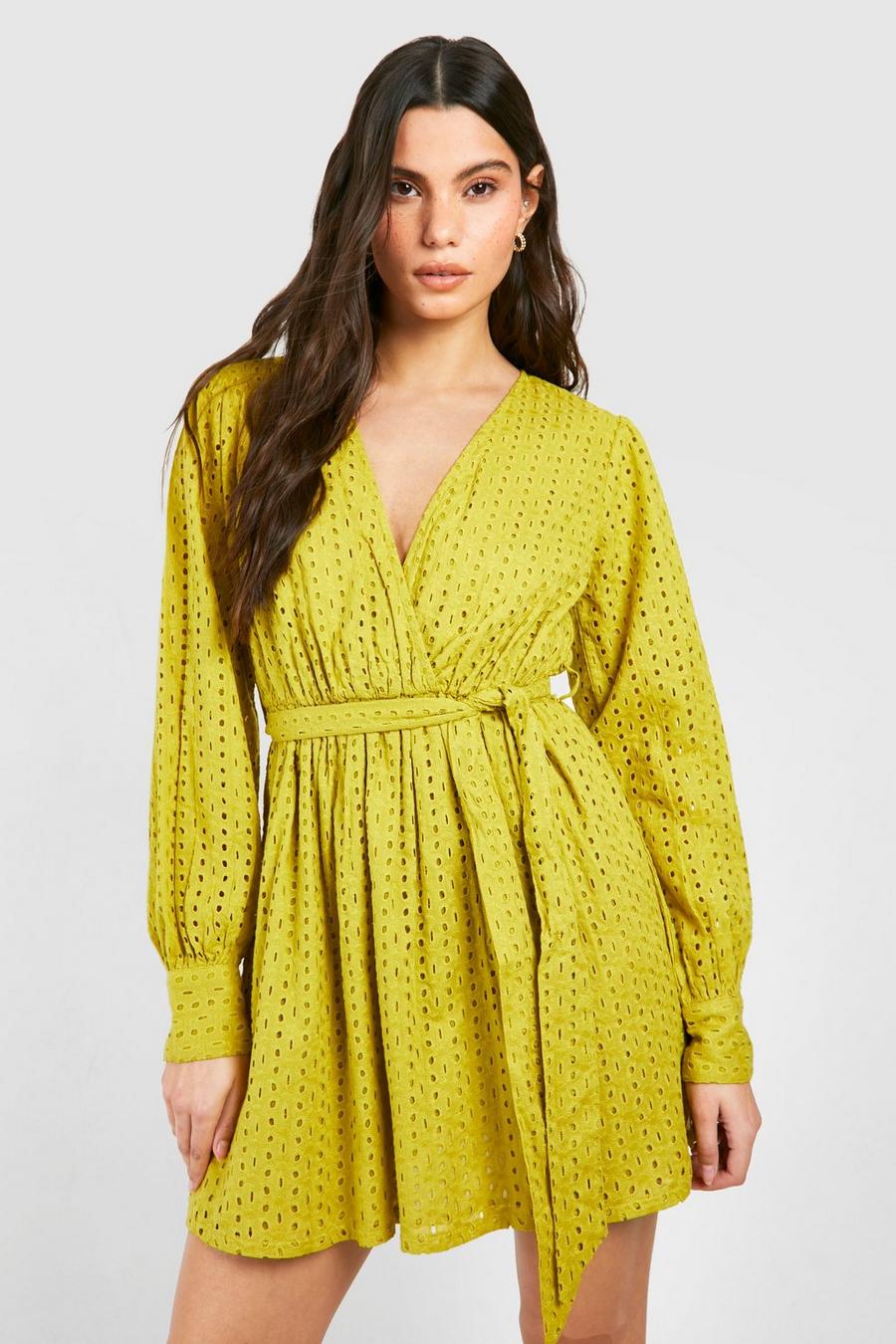 Olive Broderie Belted Mini Dress