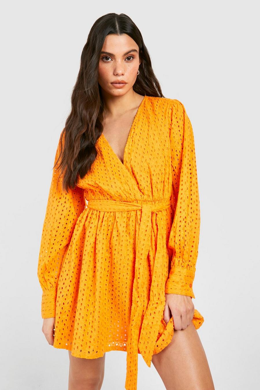 Orange Eyelet Belted Mini Dress