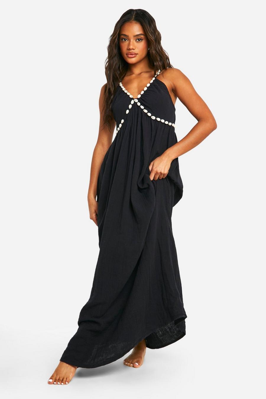 Black Shell Strap Cheesecloth Maxi Dress