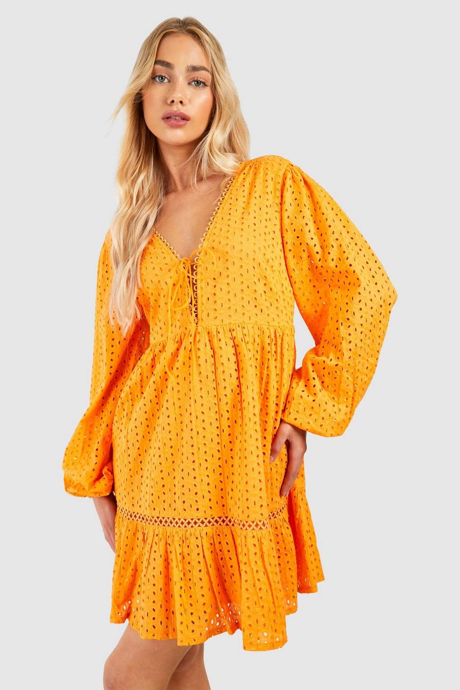 Orange Broderie V Neck Mini Dress 
