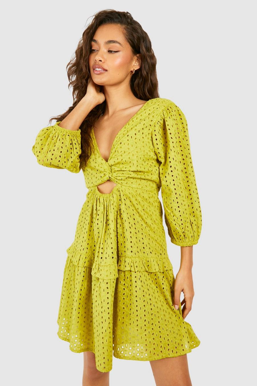 Olive Broderie Cut Out Detail Mini Dress 