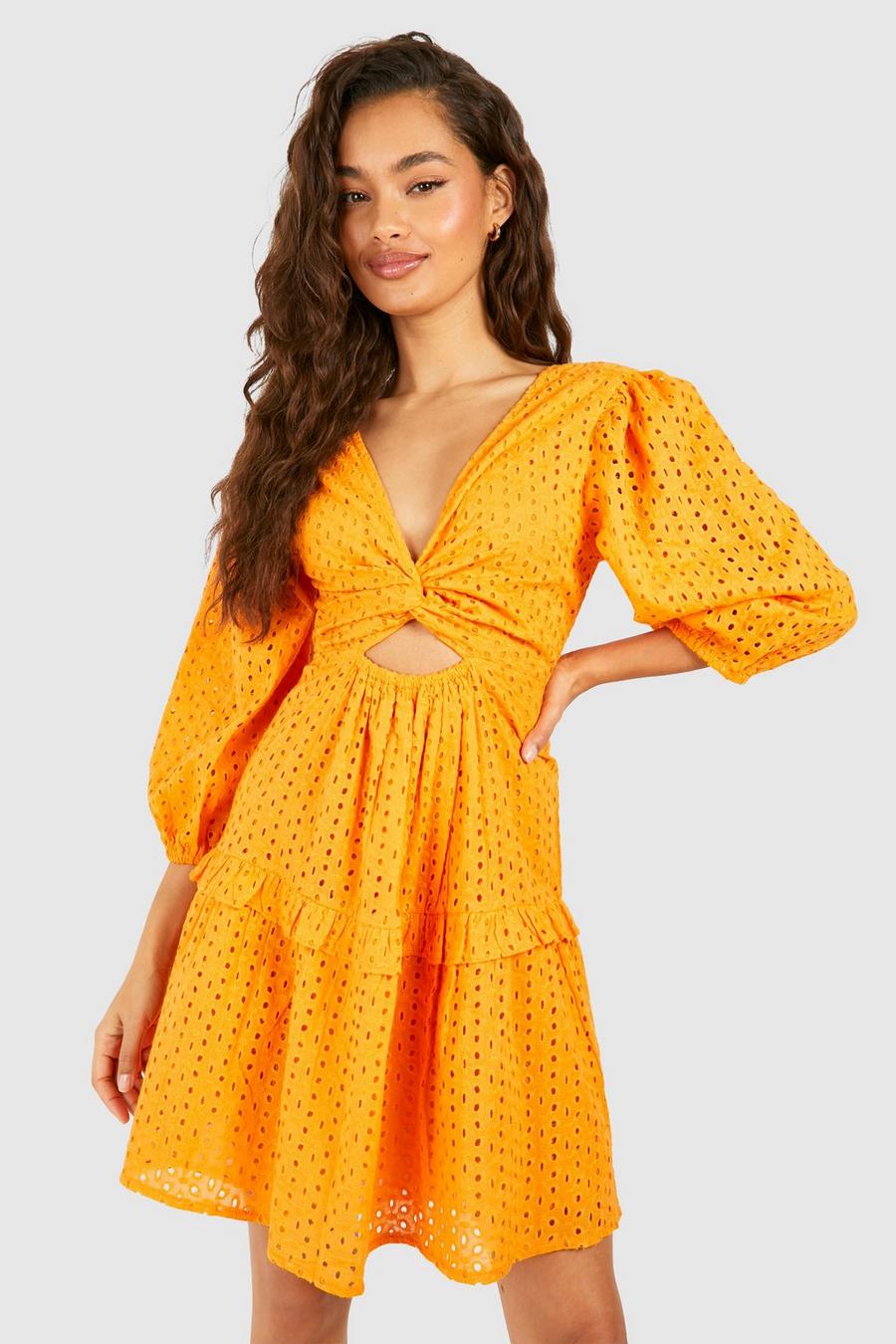Orange Broderie Cut Out Detail Mini Dress 