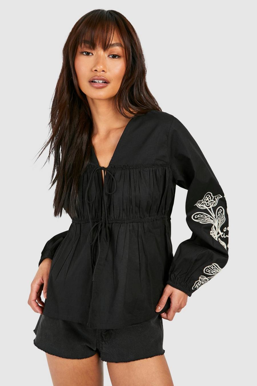 Black Embroidered Tie Front Blouson Top image number 1