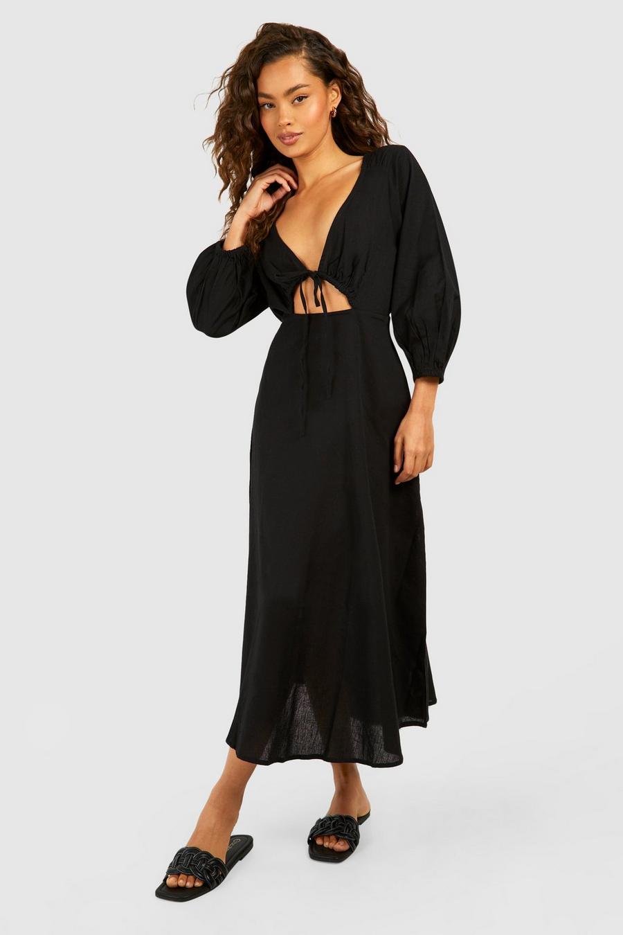 Black Linen Tie Front Puff Sleeve Midaxi Dress