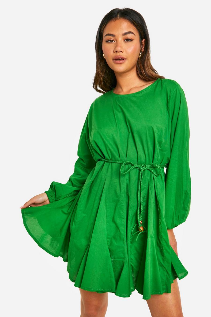 Green Cotton Long Sleeve Godet Mini Dress