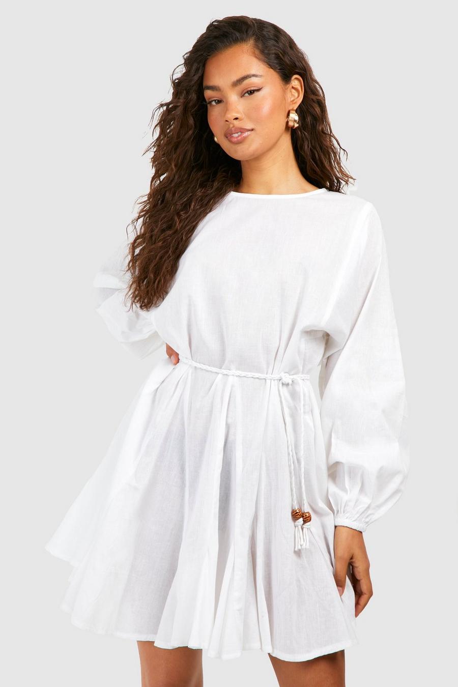 Vestido mini de algodón y manga larga con estampado godet, White image number 1