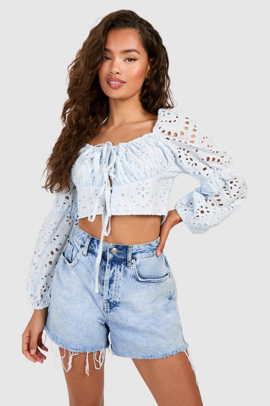 Blue Embroidery Long Sleeve Crop Top 