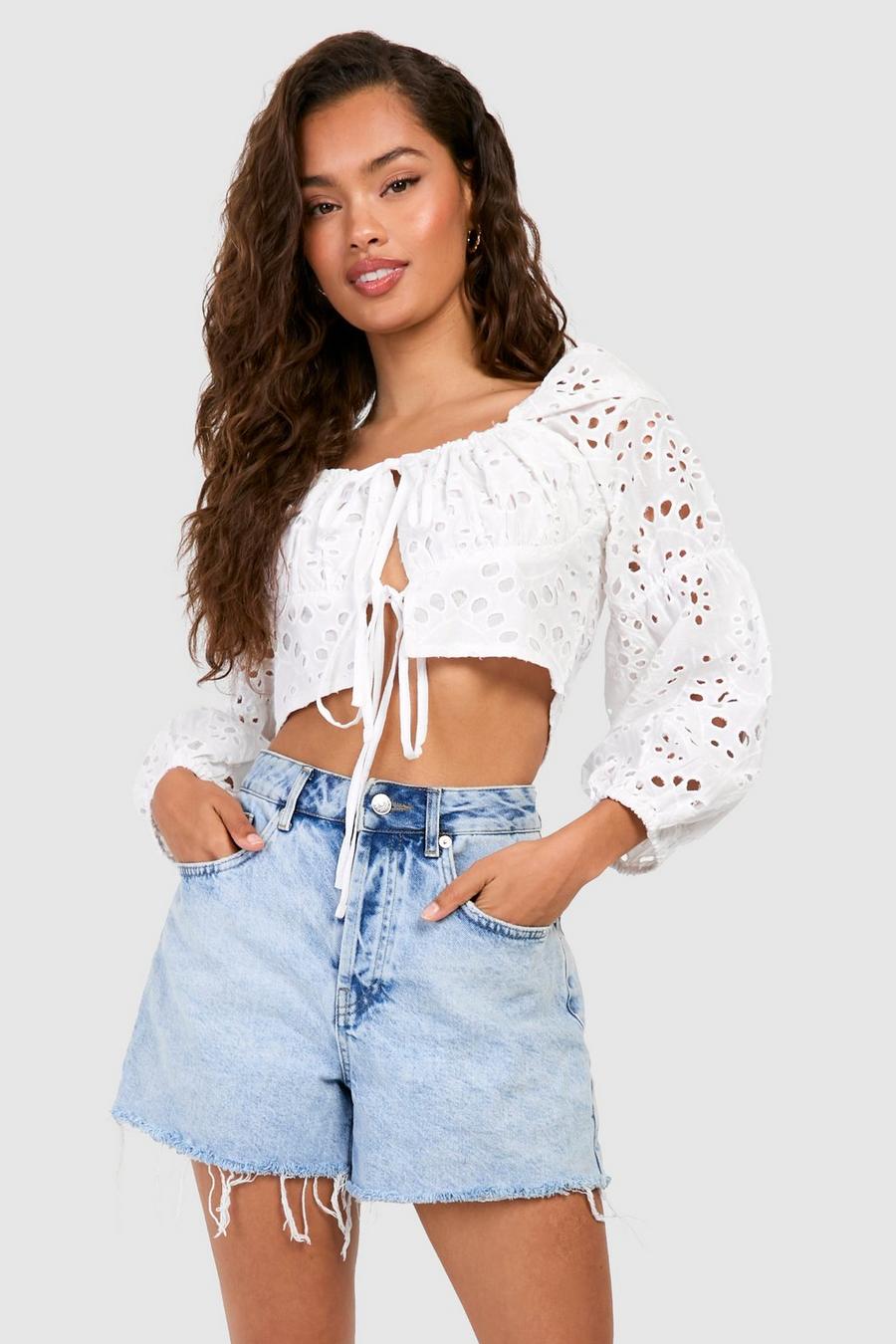 Embroidery Long Sleeve Crop Top , White