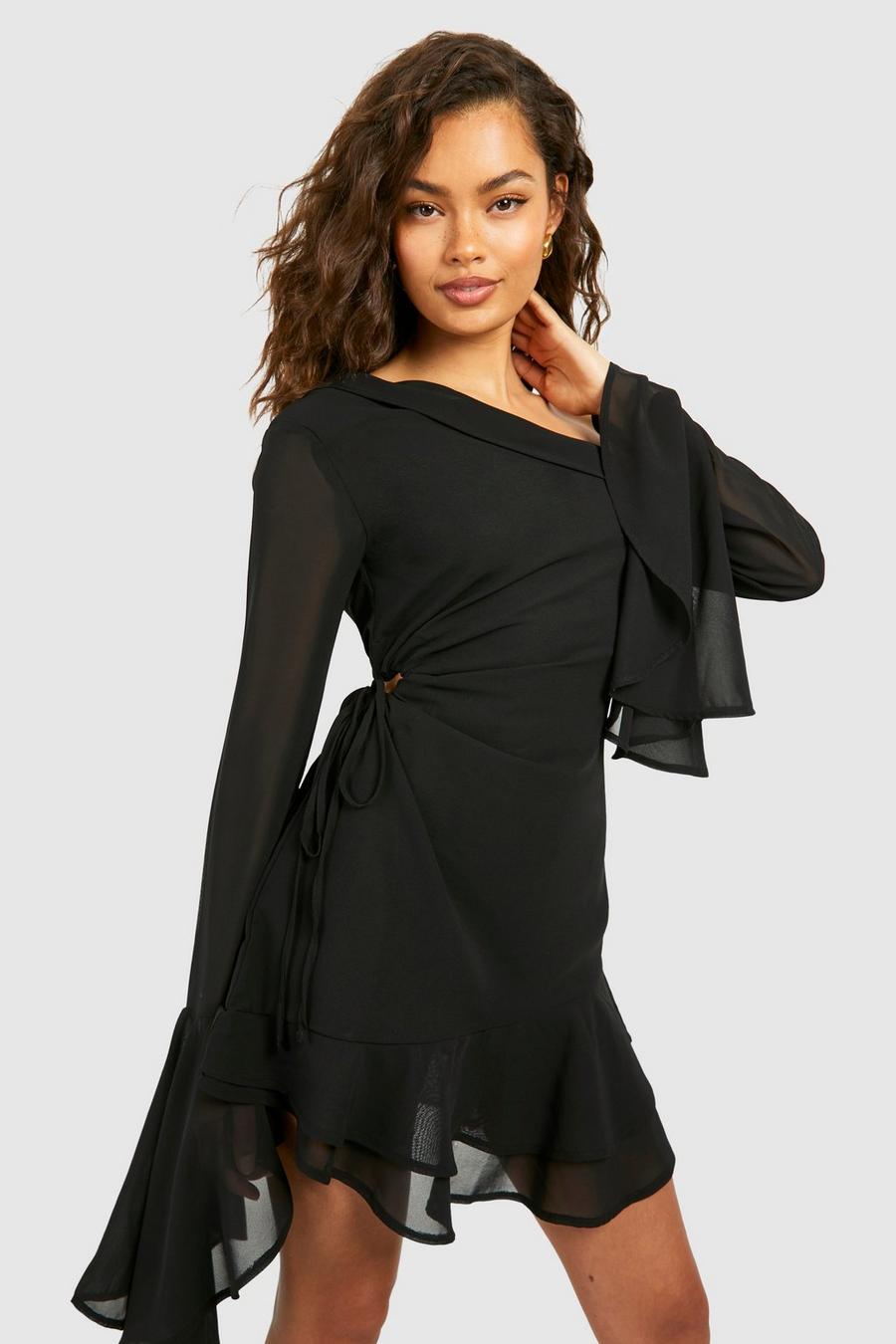 Black Chiffon Cut Out Long Sleeve Mini Dress
