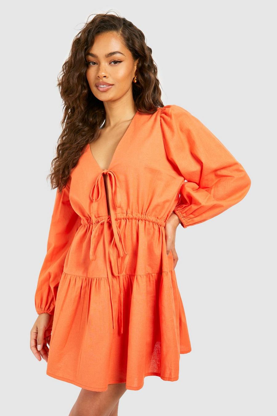 Vestido mini de lino con atadura frontal, Orange image number 1