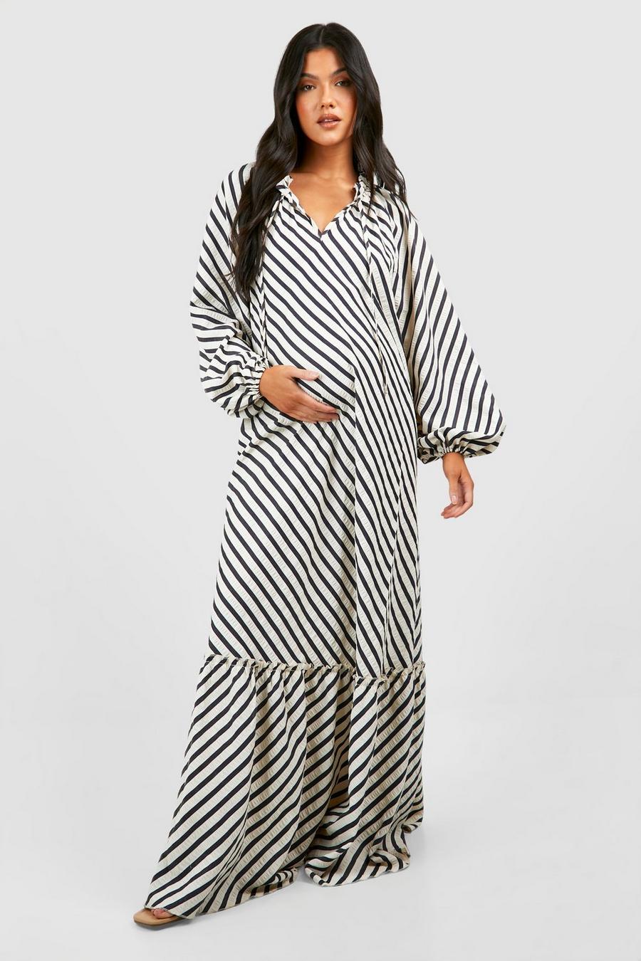 Black Maternity Textured Stripe Midaxi Dress