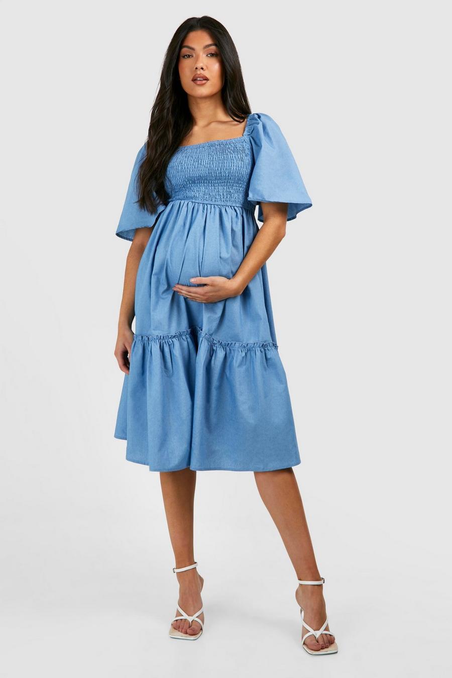 Blue Maternity Shirred Chambray Midi Smock Dress image number 1