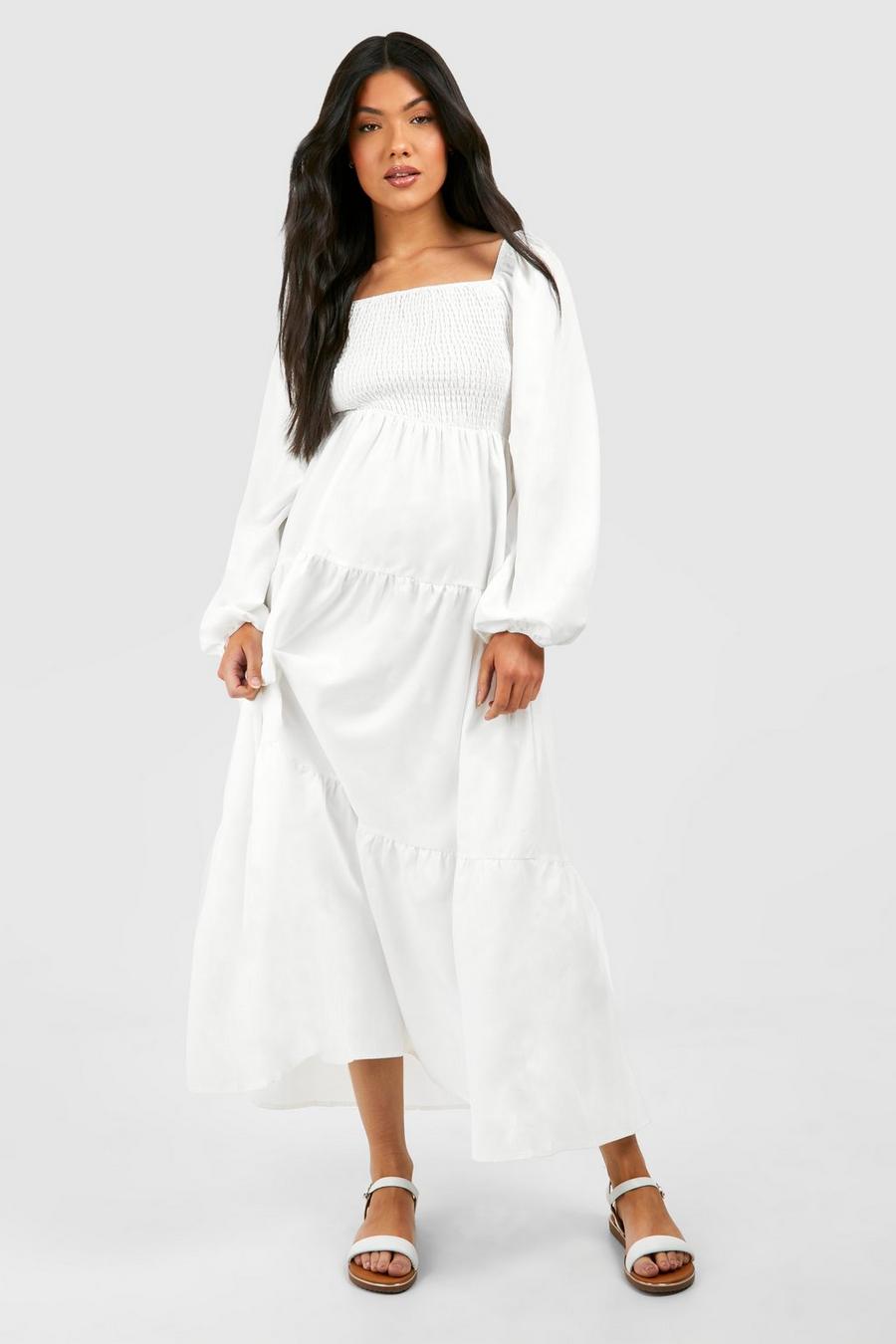 White Maternity Shirred Poplin Midaxi Dress