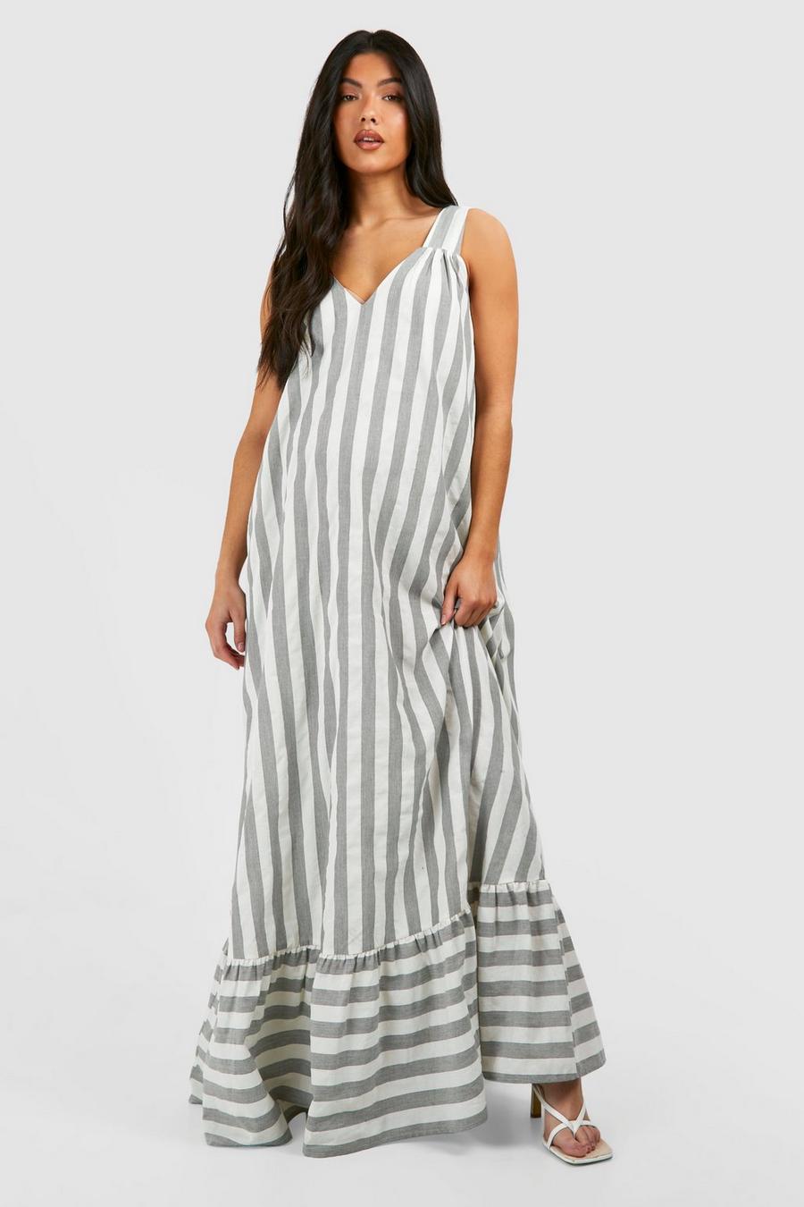 Grey Maternity Striped Poplin Sleeveless Maxi Dress