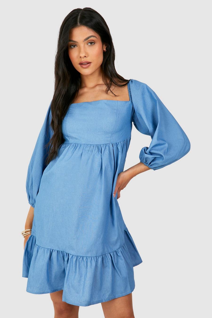Blue Maternity Chambray Puff Sleeve Smock Dress image number 1