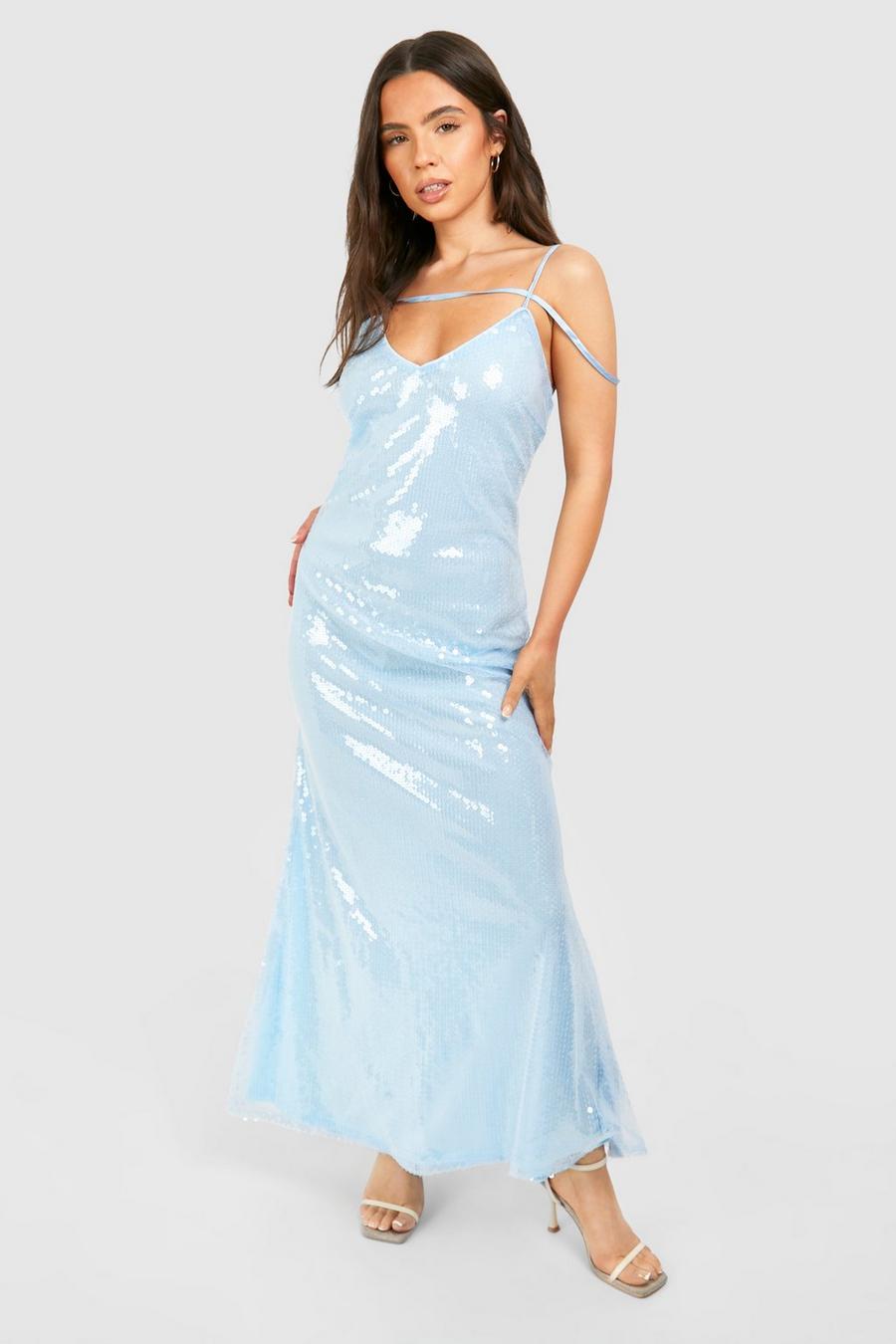 Pale blue Petite Strap Detail Sequin Maxi Dress 