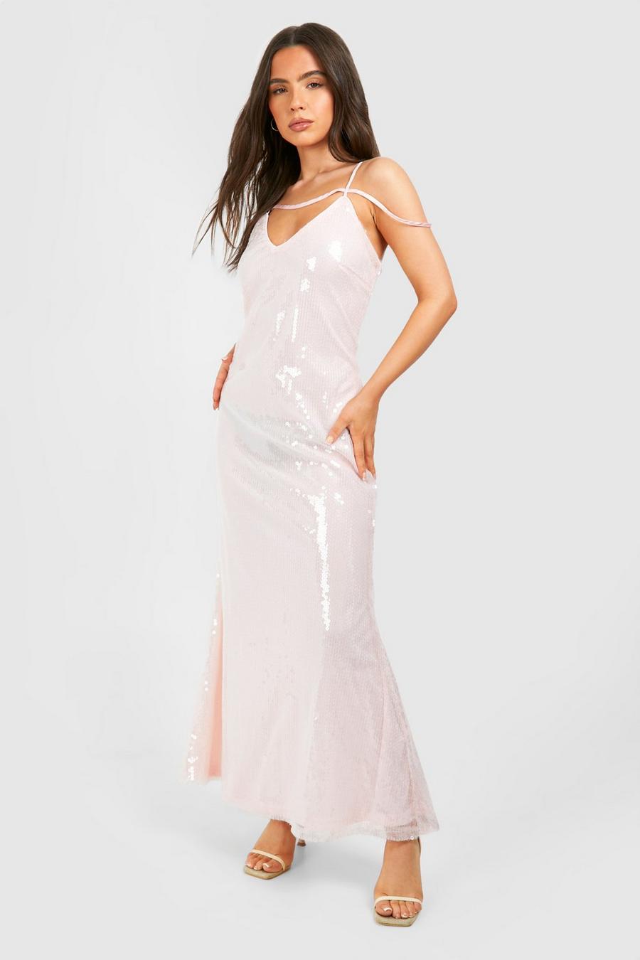 Pink Petite Strap Detail Sequin Maxi Dress  image number 1