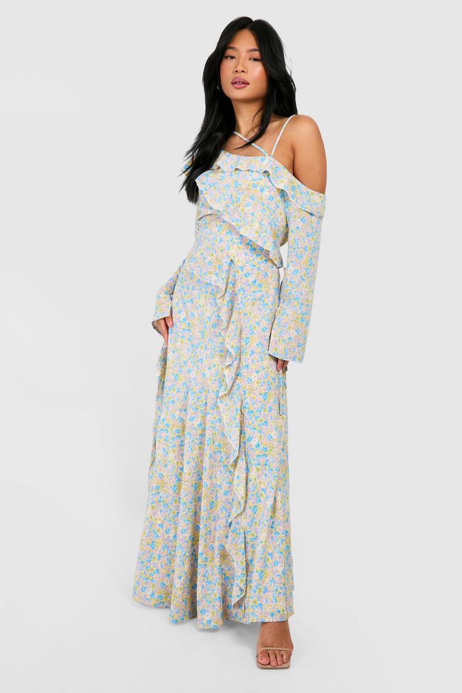 Blue Petite Asymmetrische Bloemen Maxi Jurk Met Ruches En Open Rug