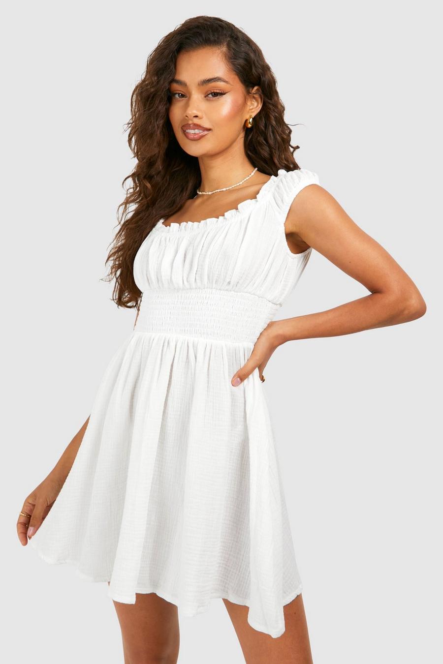 White Textured Cotton Shirred Dress image number 1