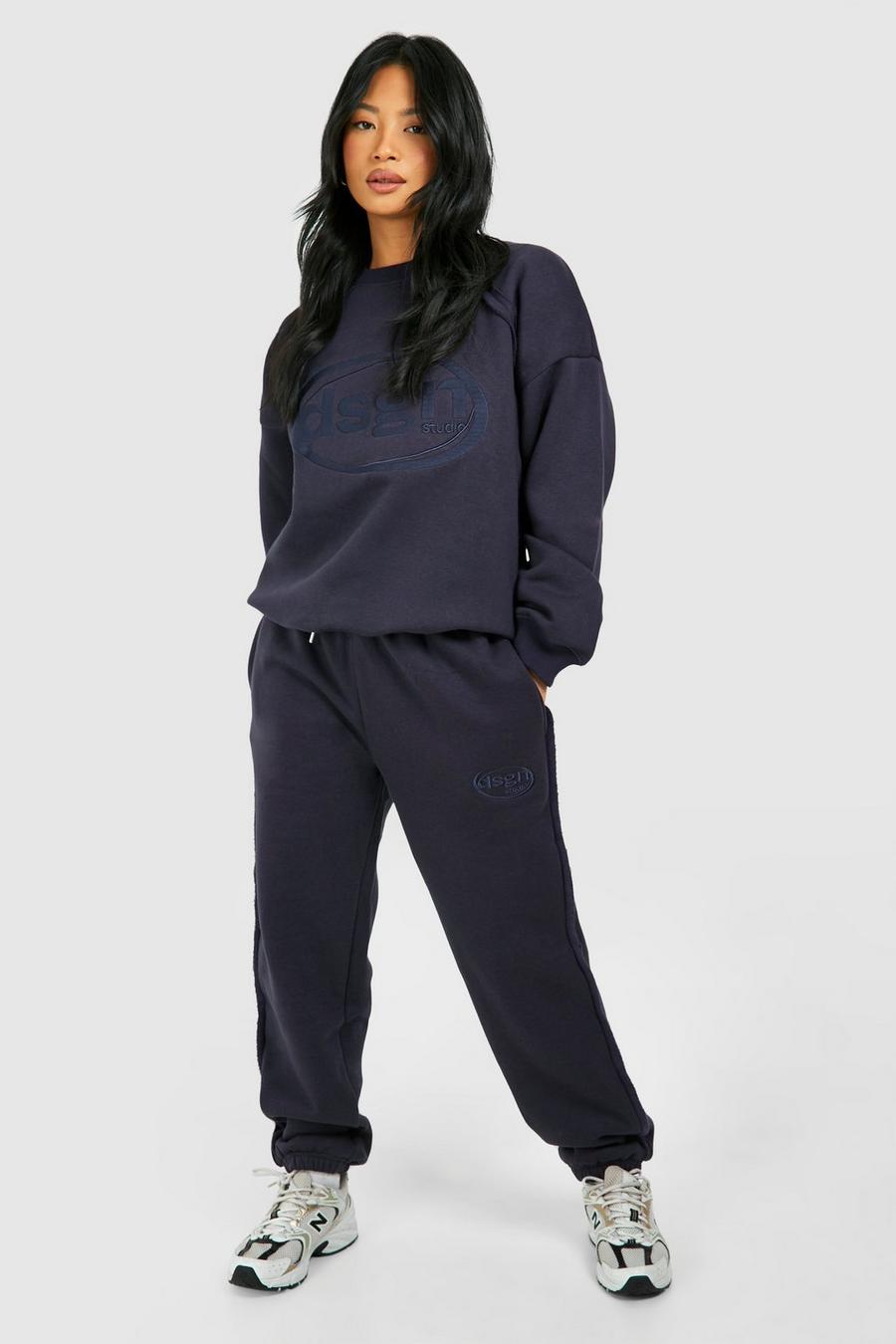 Petite Exposed Seam Dsgn Embroidered Tracksuit, Navy