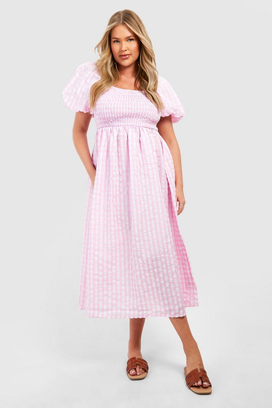 Vestido Plus miidi texturizado de cuadros vichy con mangas abullonadas, Baby pink