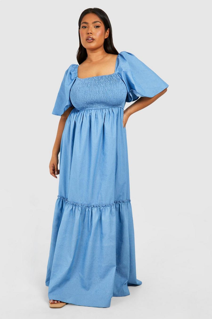 Blue Plus Chambray Puff Sleeve Midaxi Smock Dress