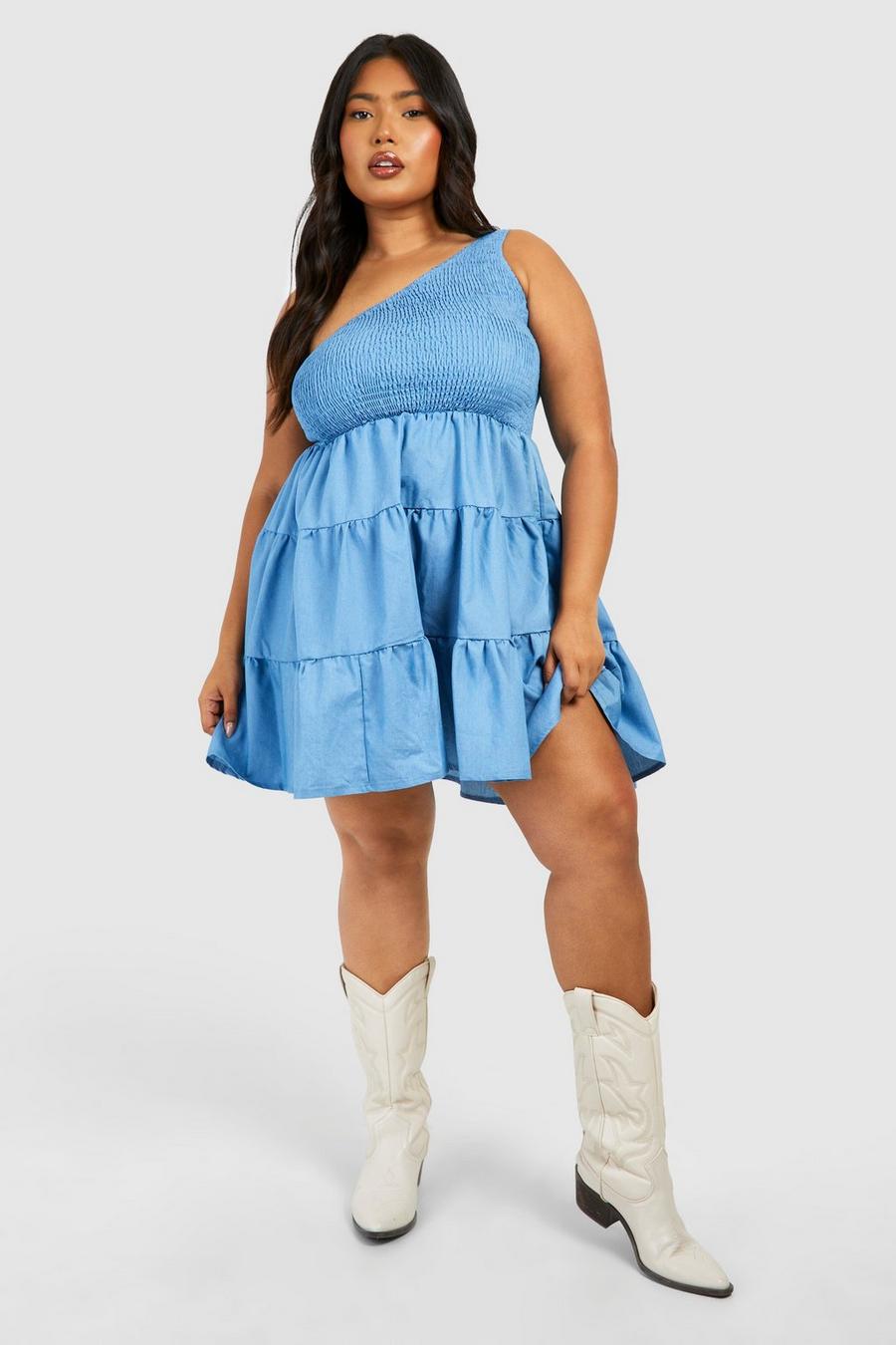 Blue Plus One Shoulder Chambray Tiered Skater Dress