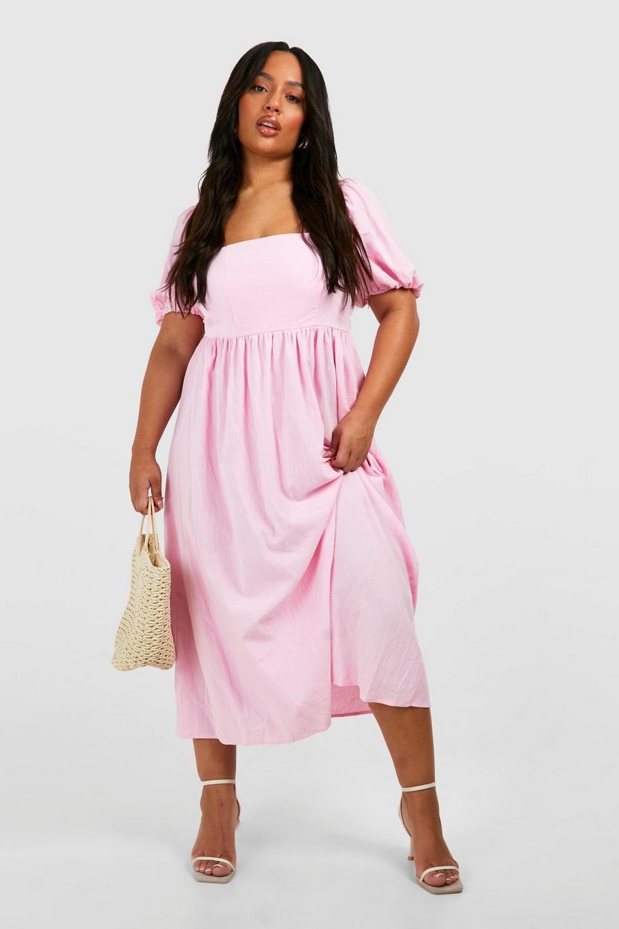 Baby pink Plus Linen Puff Sleeve Midi Smock Dress image number 1