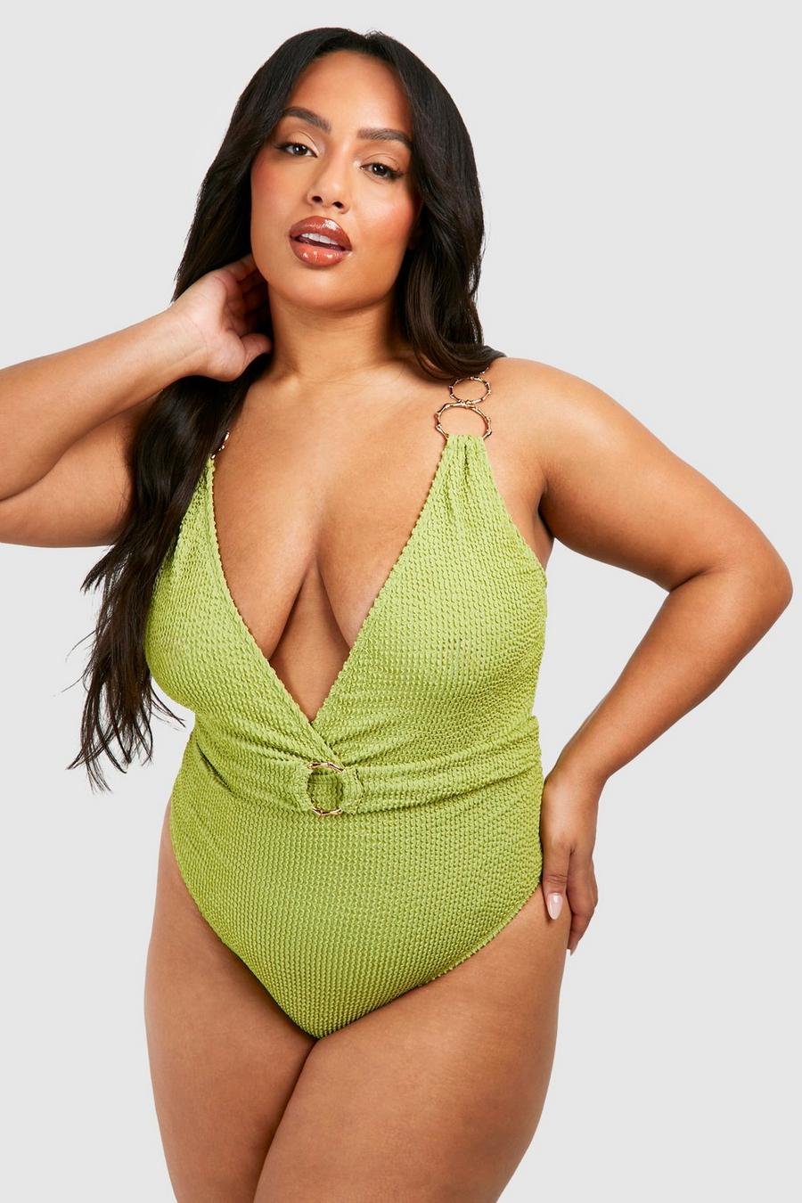 Olive Plus Crinkle Ring Detail Plunge Swimsuit