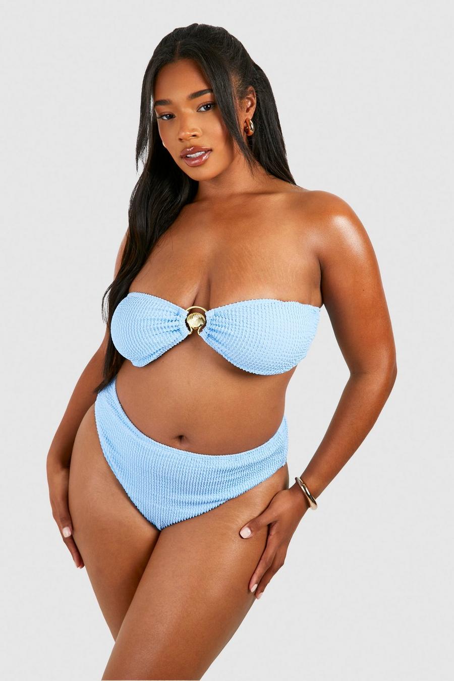 Grande taille - Bikini taille haute texturé à imprimé coquillages, Blue