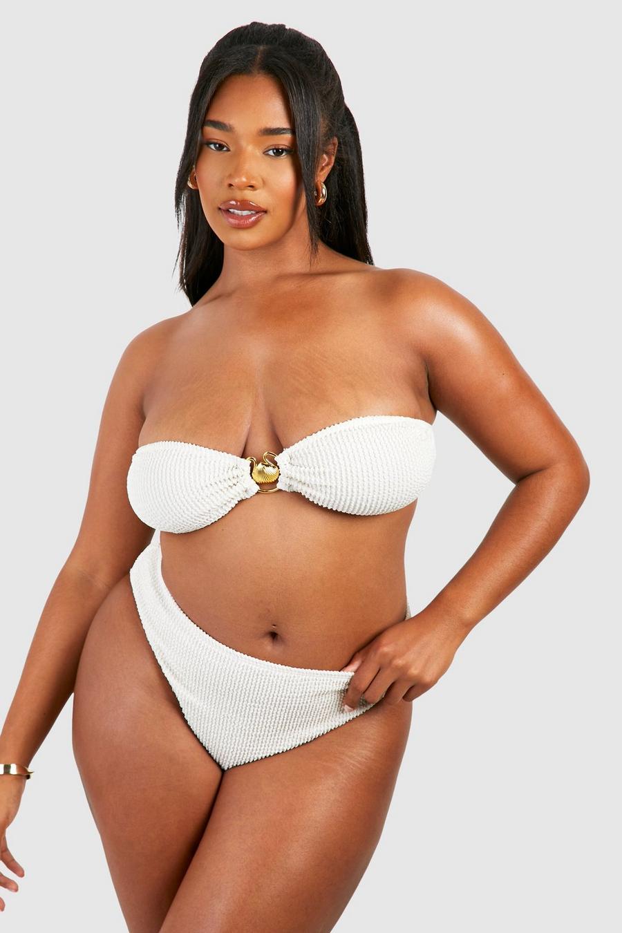 Grande taille - Bikini taille haute texturé à imprimé coquillages, Ecru