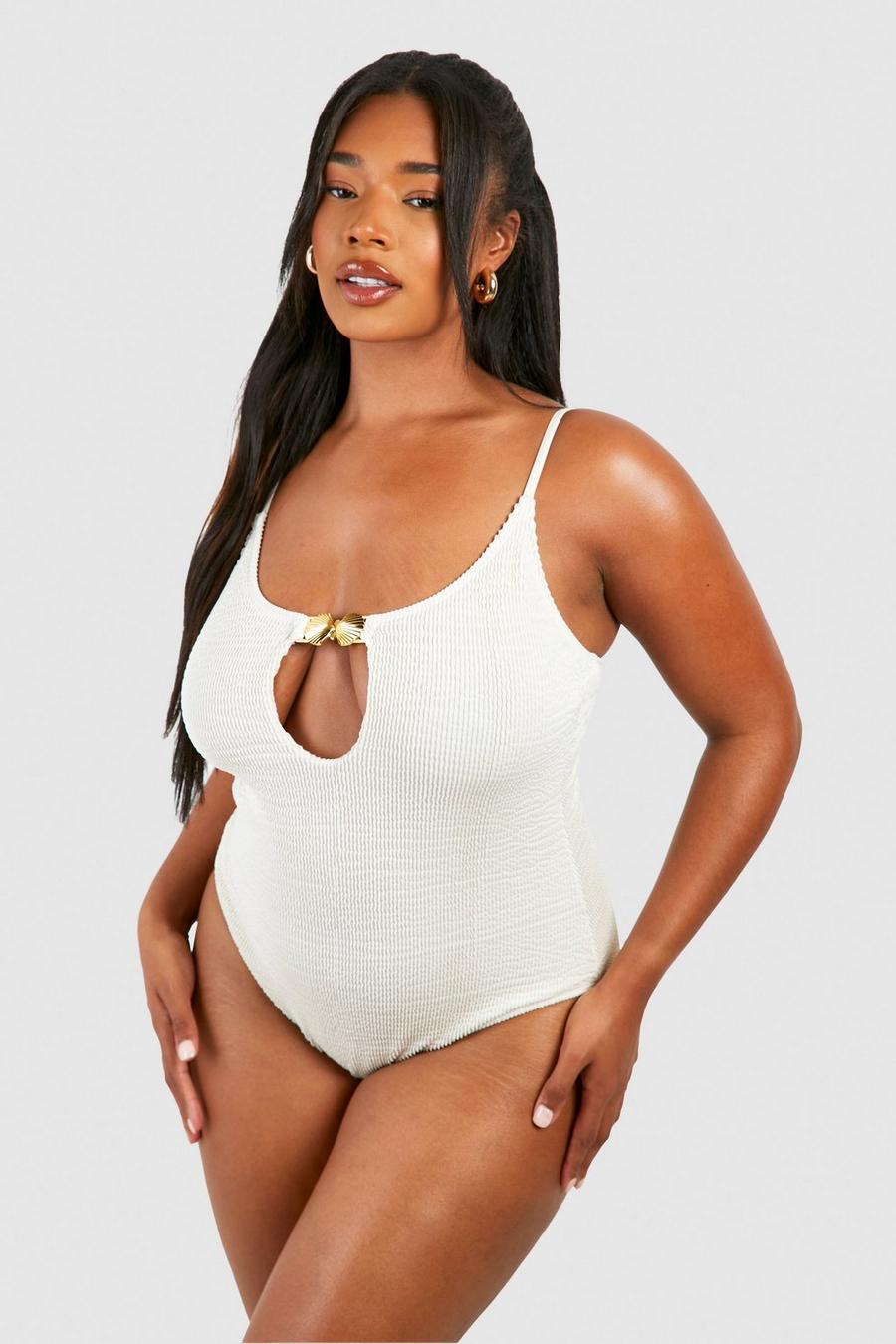 Ecru Plus Crinkle Shell Keyhole Swimsuit