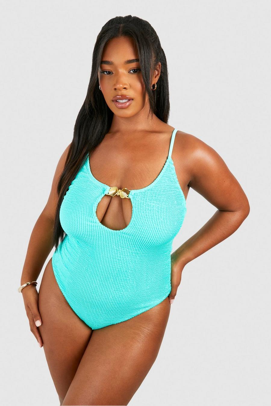 Green Plus Crinkle Shell Keyhole Swimsuit