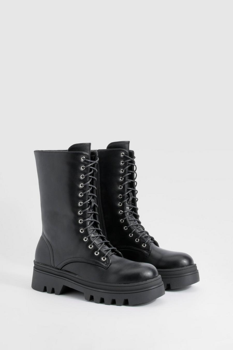 Black Washed Pu Combat Boots