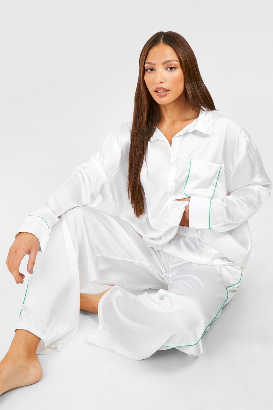 Cream Tall Oversized Piping Detail Pajama Set image number 1