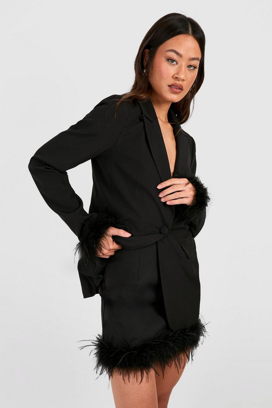 Black Tall Feather Trim Woven Tailored Mini Skirt