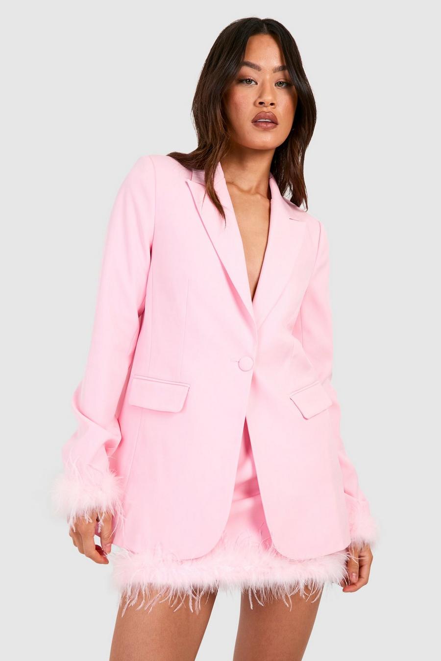 Baby pink Tall Feather Trim Woven Blazer image number 1