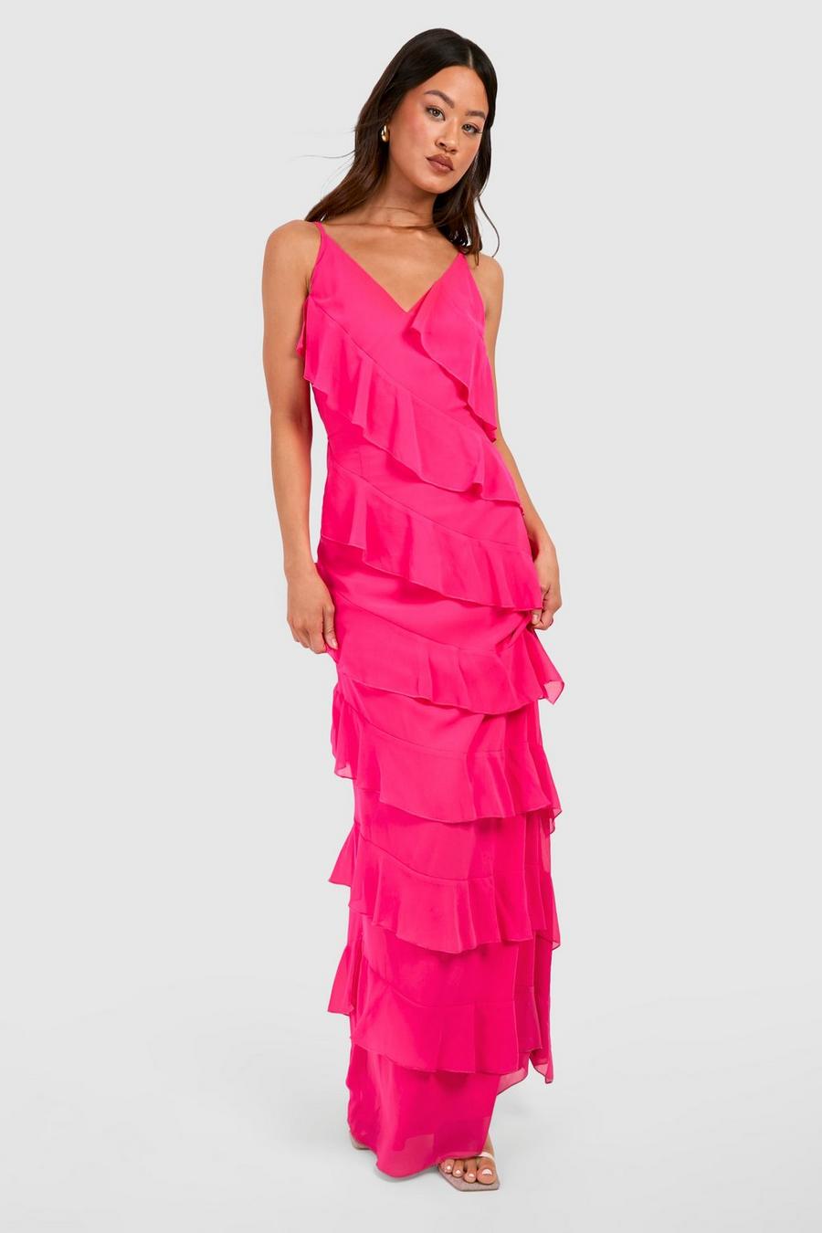 Fuchsia pink Tall Chiffon Ruffle Maxi Dress