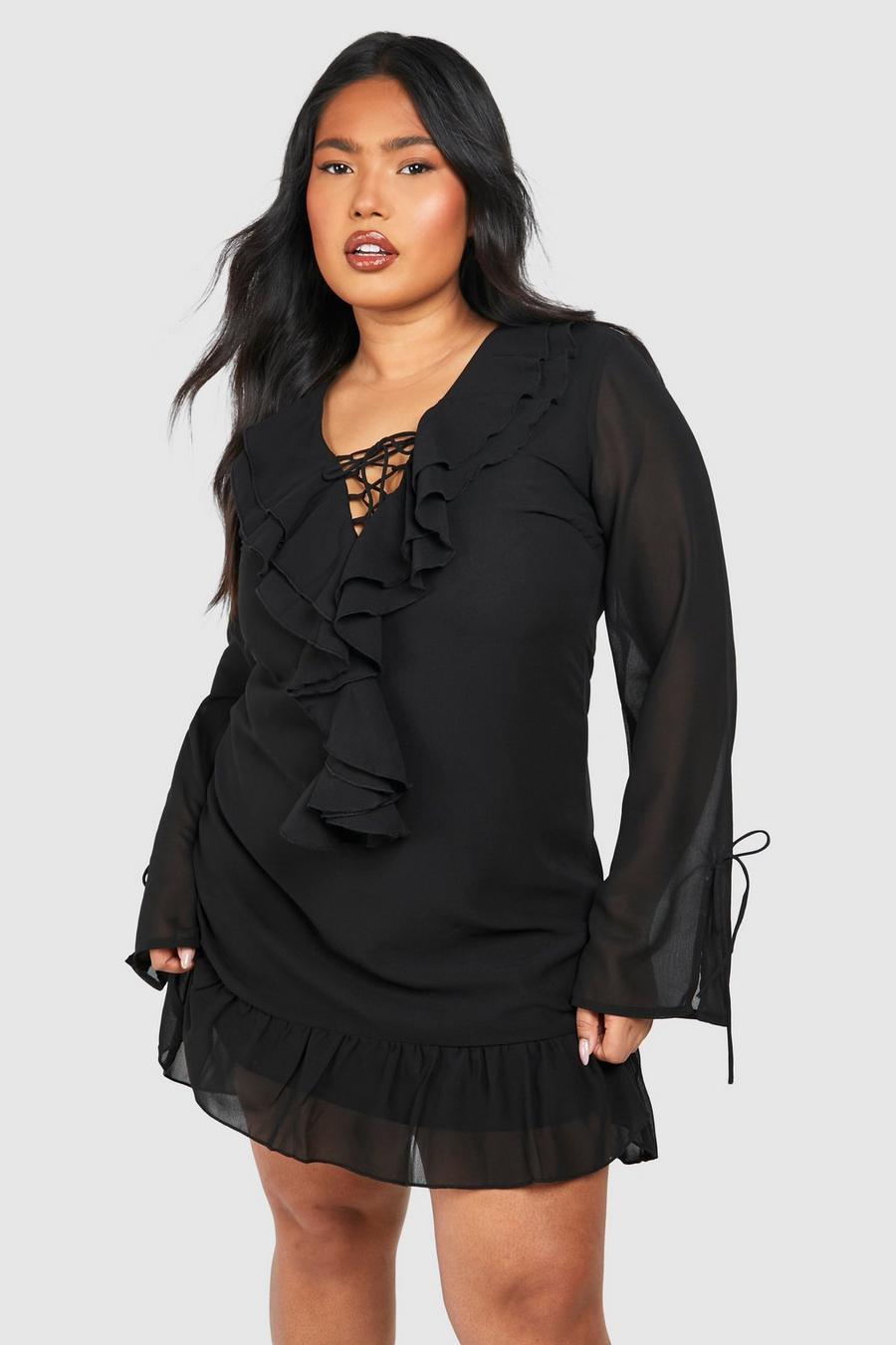 Black Plus Woven Ruffle Detail Long Sleeve Shift Dress 