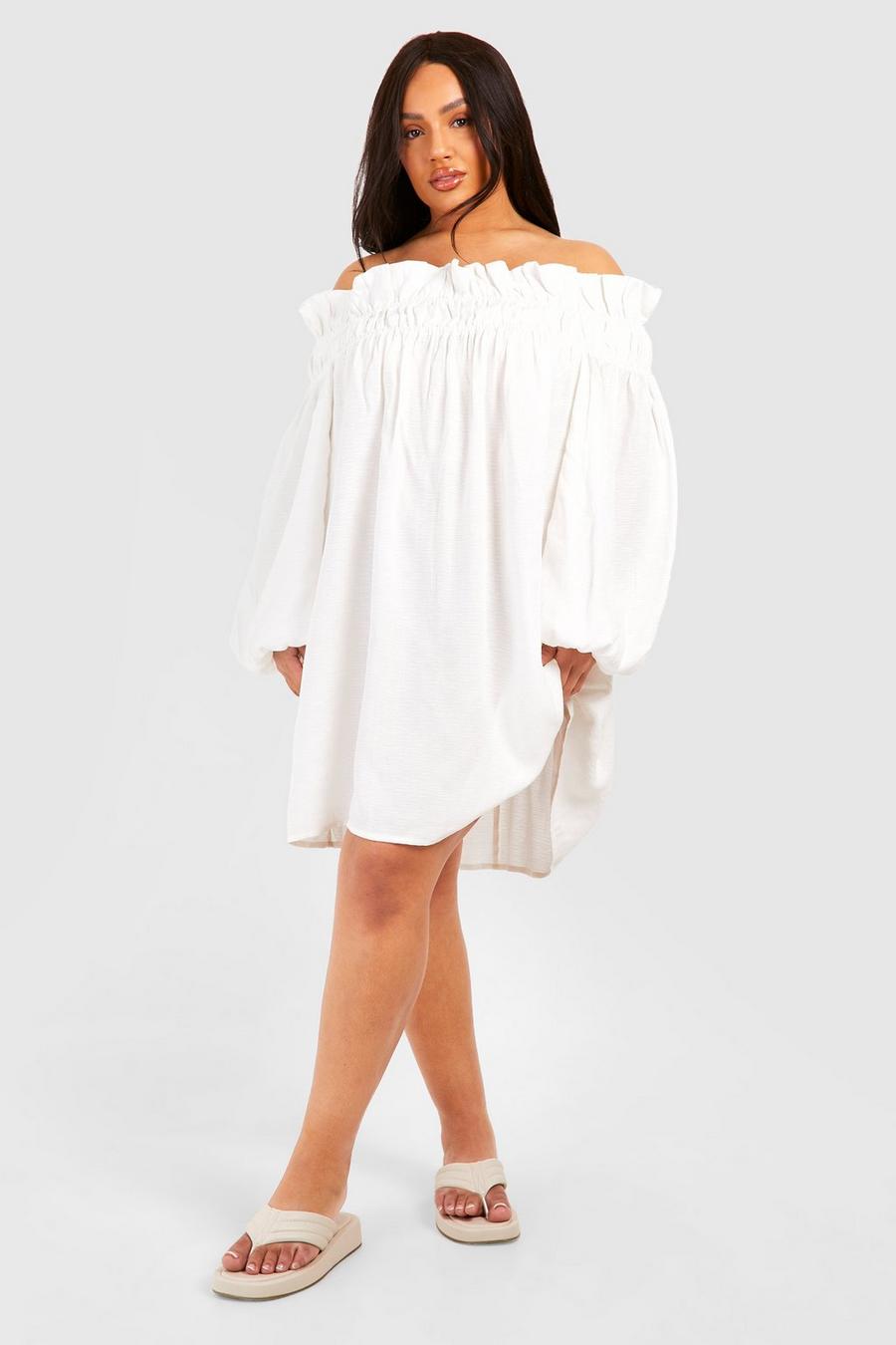 Plus Woven Textured Off The Shoulder Smock Dress, Cream