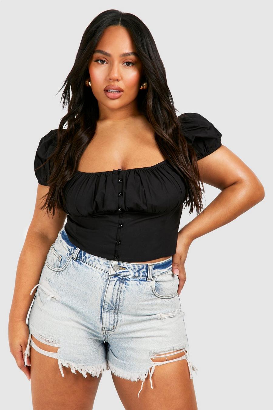 Top Plus Size con bottoni frontali e maniche a sbuffo, Black