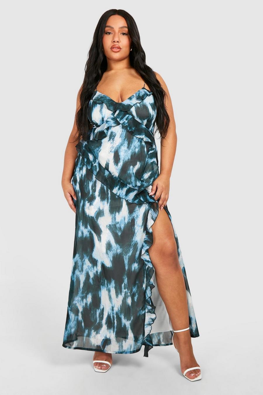 Blue Plus Woven Abstract Print Ruffle Detail Strappy Maxi Dress 
