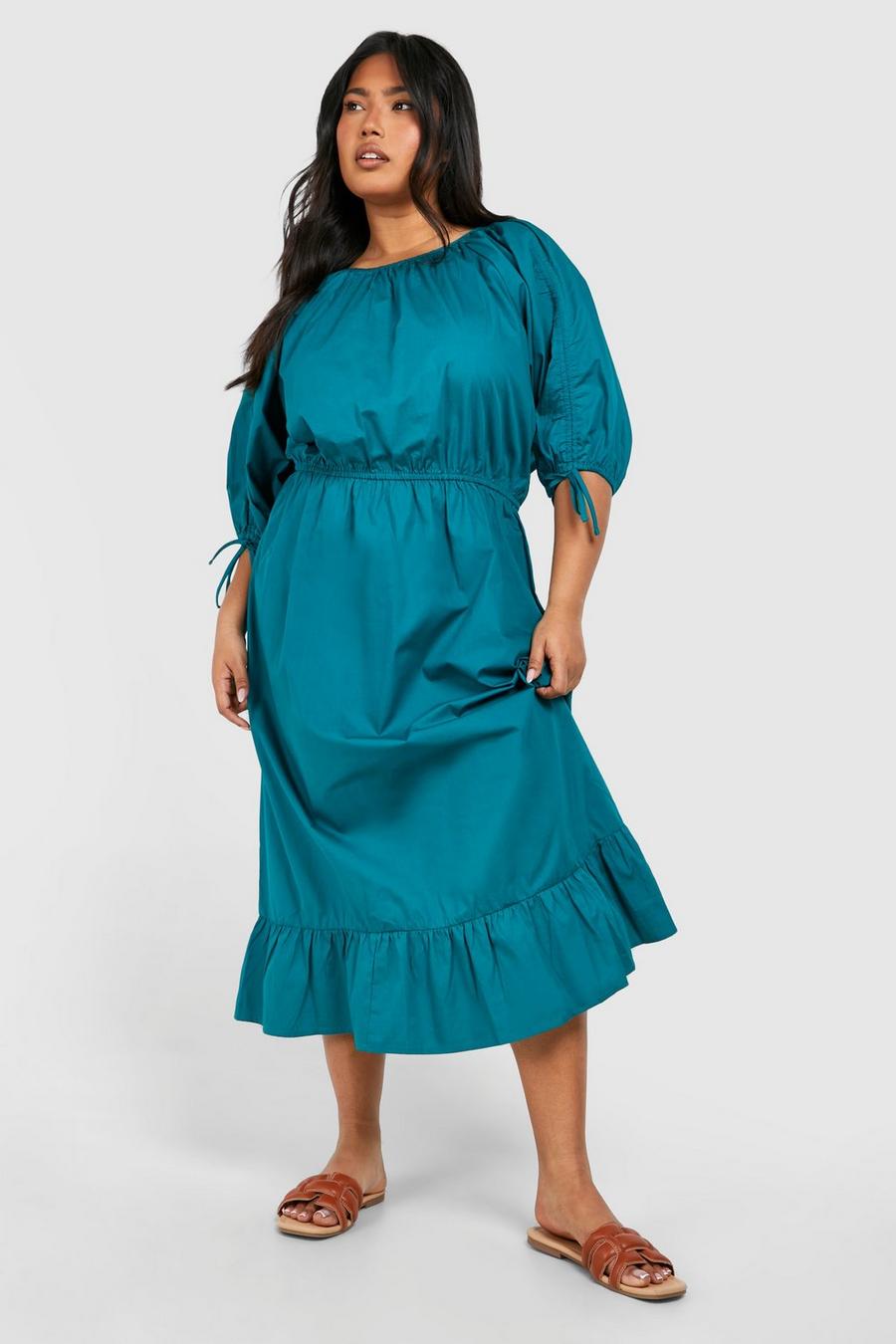 Plus Woven Puff Sleeve Tiered Midaxi Dress , Green